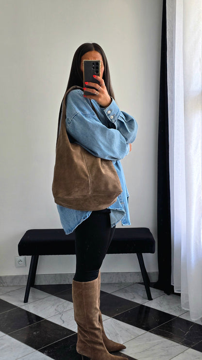 👜 Sac Hobo en cuir de vachette suédé – Taupe