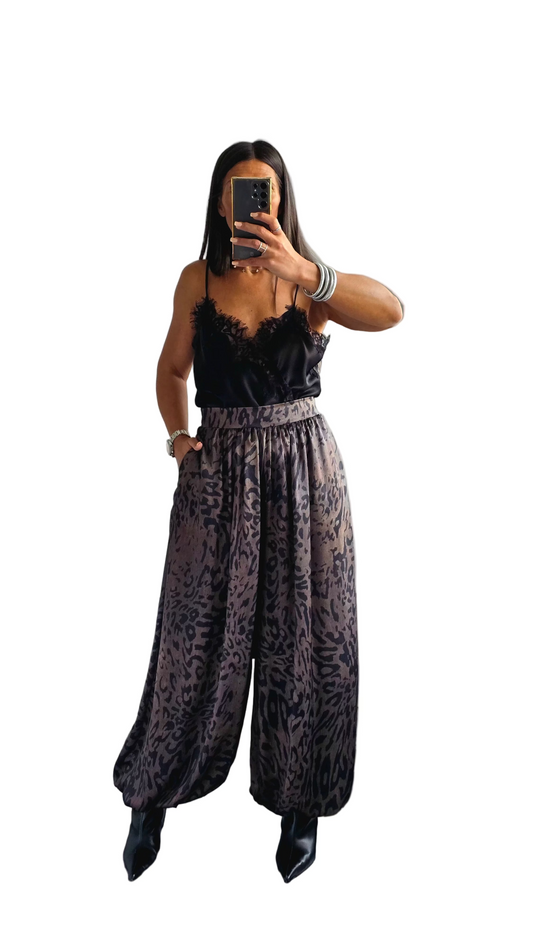 Pantalon Large Imprimé Kaki & Noir