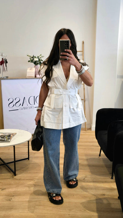 Veste Saharienne Sans Manches – Blanc Structuré