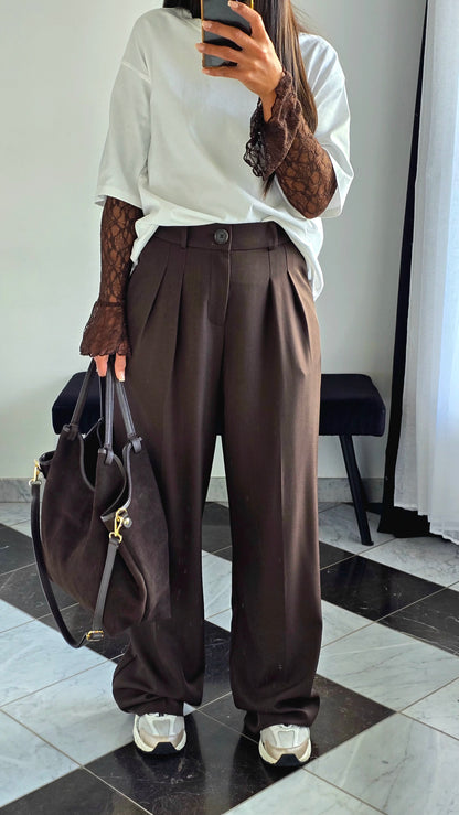 Pantalon Tailleur Évasé – Chocolat Profond