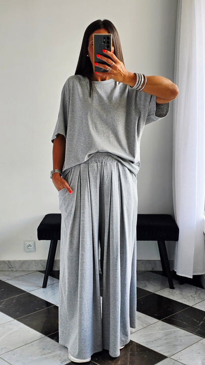 Pantalon large fluide en 100 % coton – Gris chiné