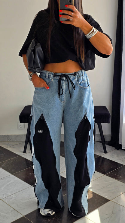 Jean wide premium à détails zippés – Bleu & Noir