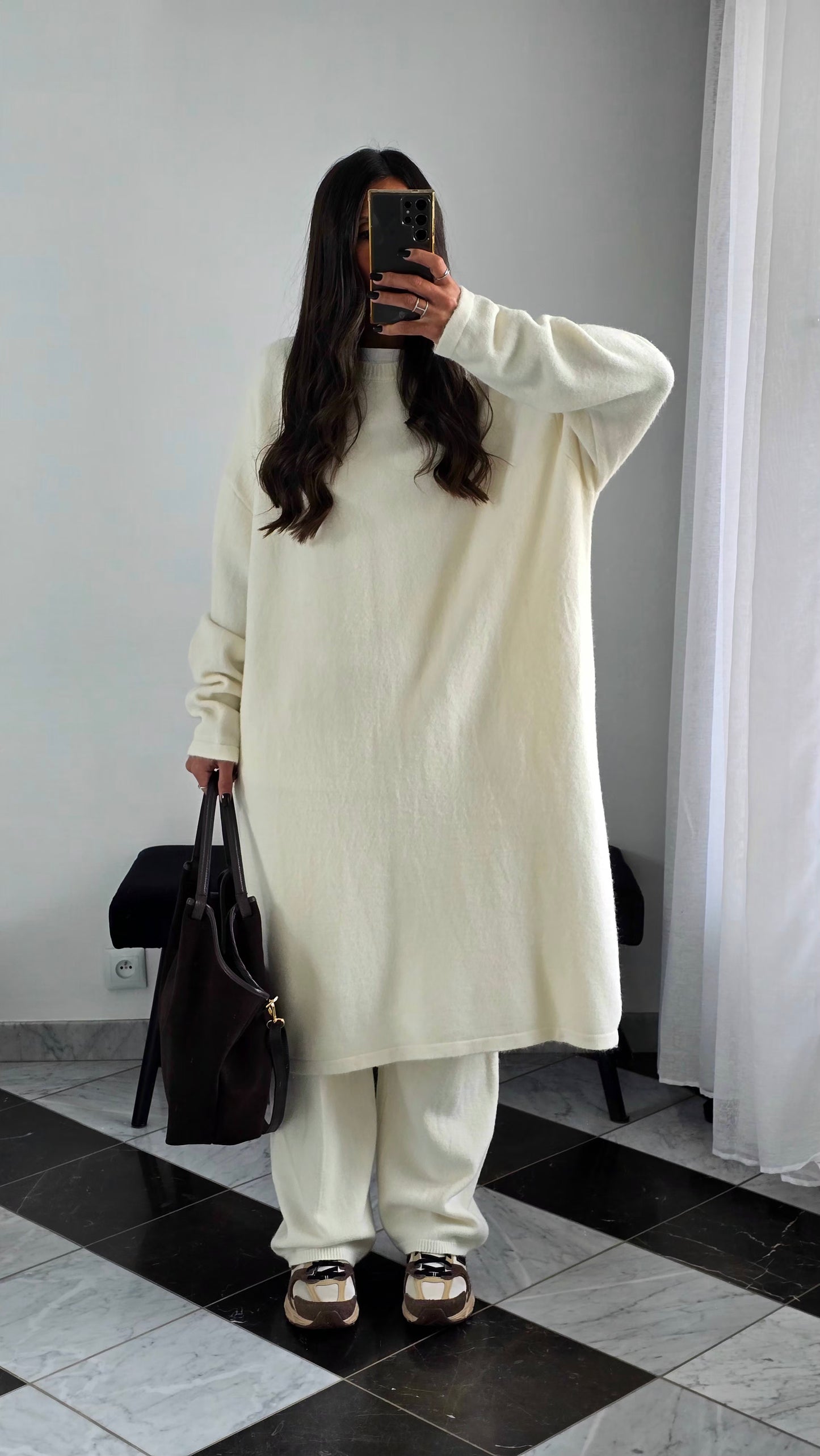 Ensemble Robe + Pantalon Maille Épaisse – Écru