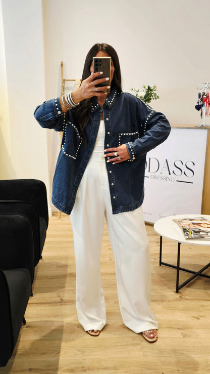 Chemise-veste en denim à clous argentés