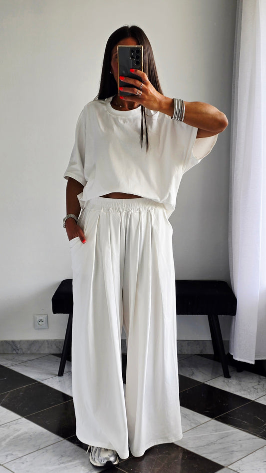 Pantalon large fluide en 100 % coton – Blanc cassé