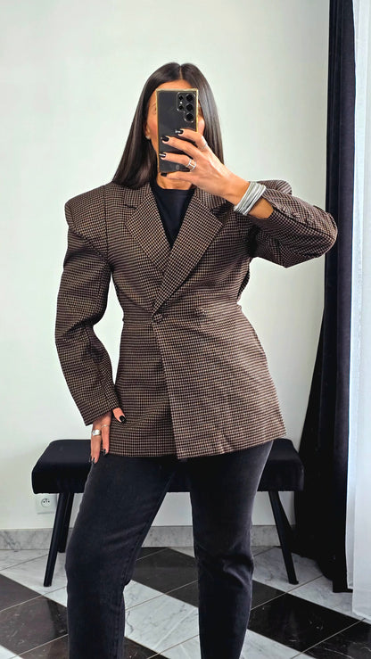 Blazer Structuré à Épaulettes – Imprimé Pied-de-Poule Chocolat