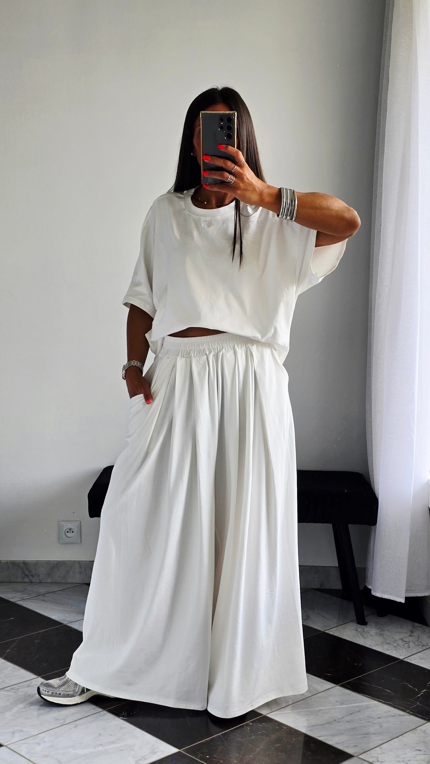 Pantalon large fluide en 100 % coton – Blanc cassé