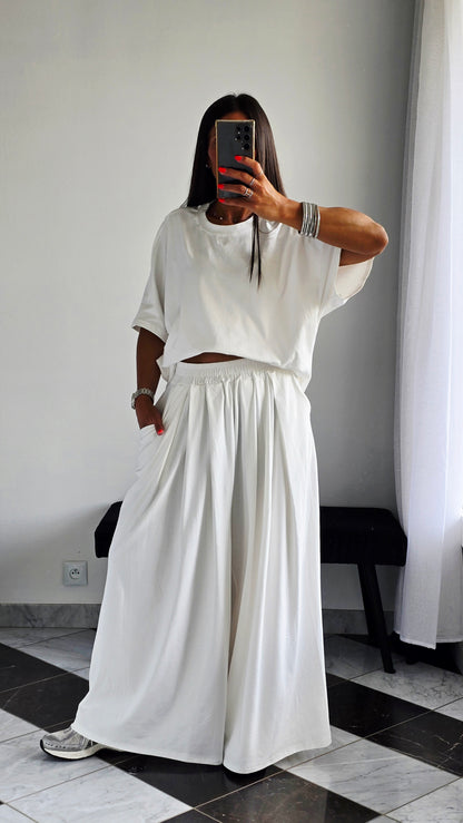 Pantalon large fluide en 100 % coton – Blanc cassé