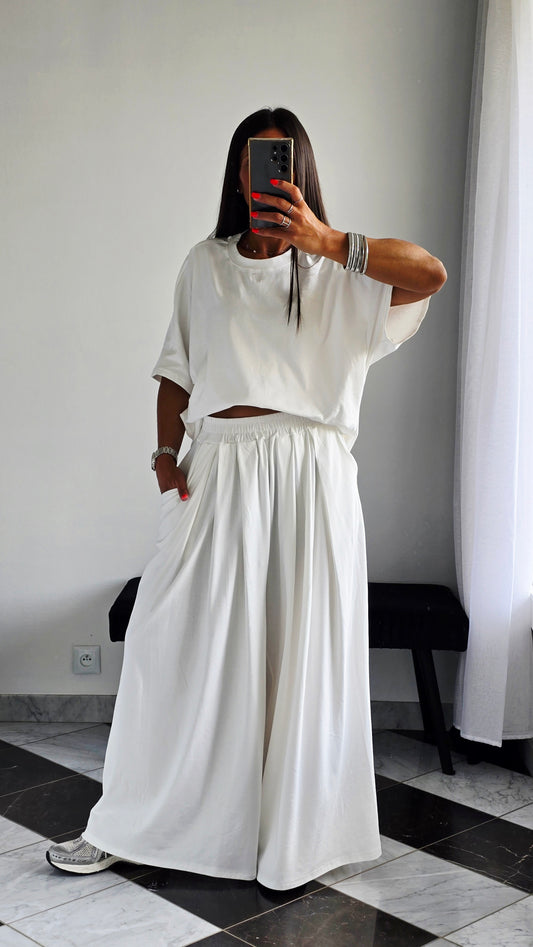 Pantalon large fluide en 100 % coton – Blanc cassé