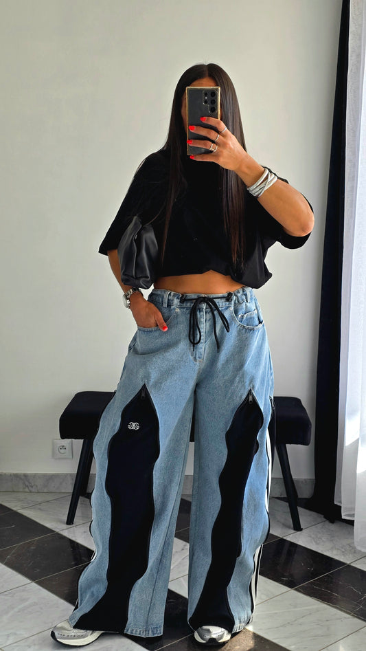 Jean wide premium à détails zippés – Bleu & Noir