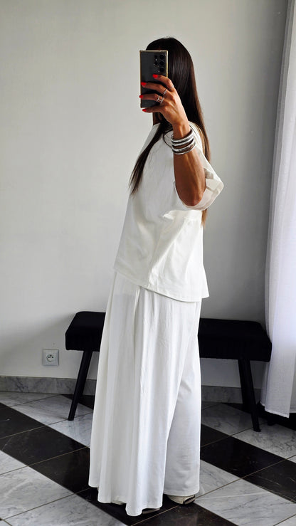 Pantalon large fluide en 100 % coton – Blanc cassé