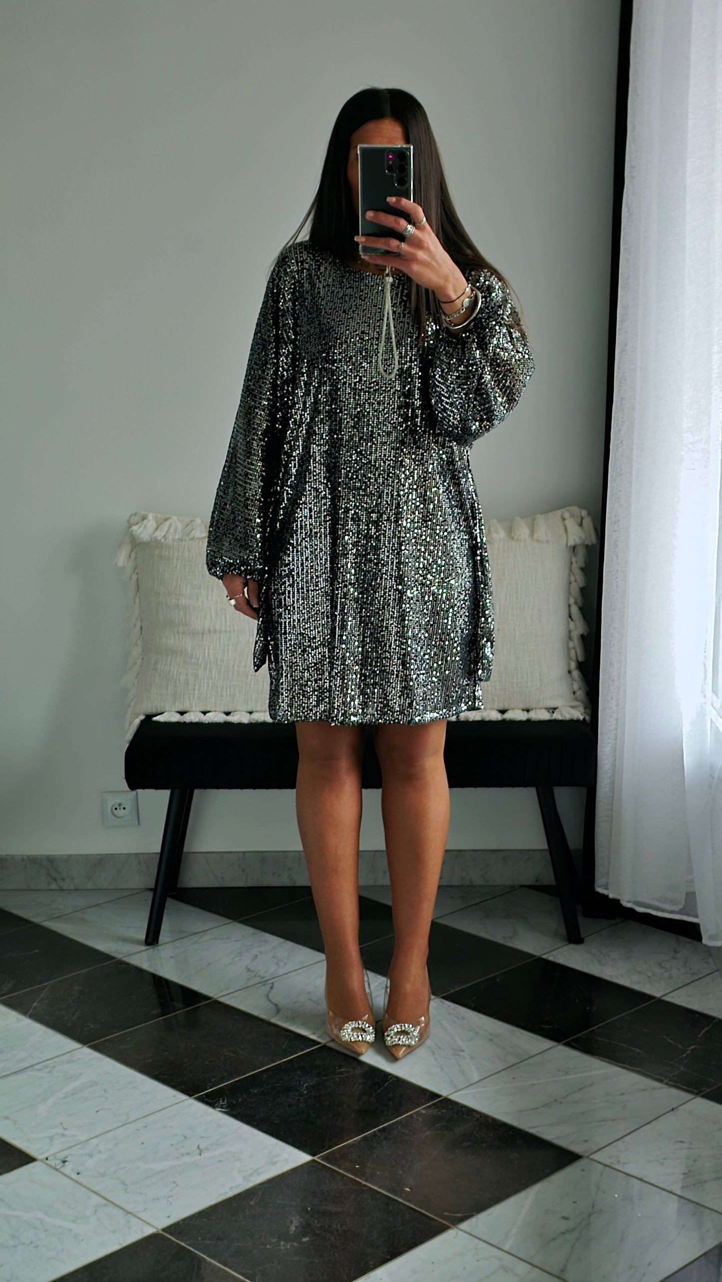 Robe Bianca Sequins Argentés