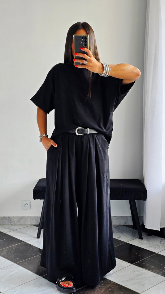 Pantalon large fluide en 100 % coton – Noir