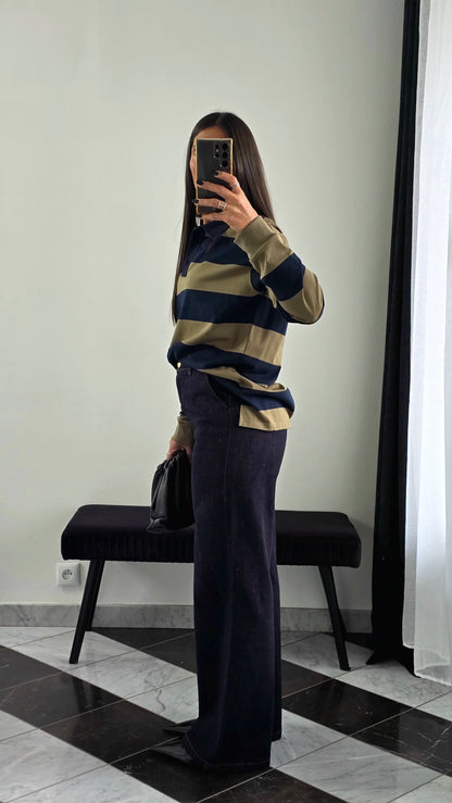 Polo Oversize Rayé – Kaki & Marine