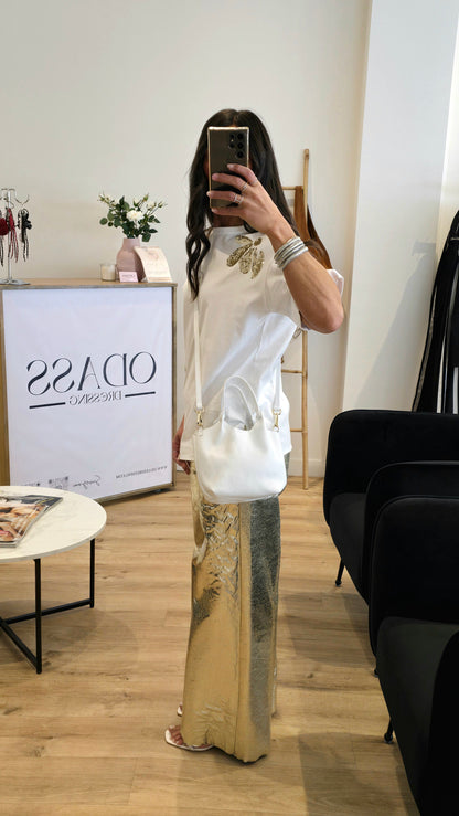 T-shirt Blanc 100% Coton Avec Patchs Sequins Dorés