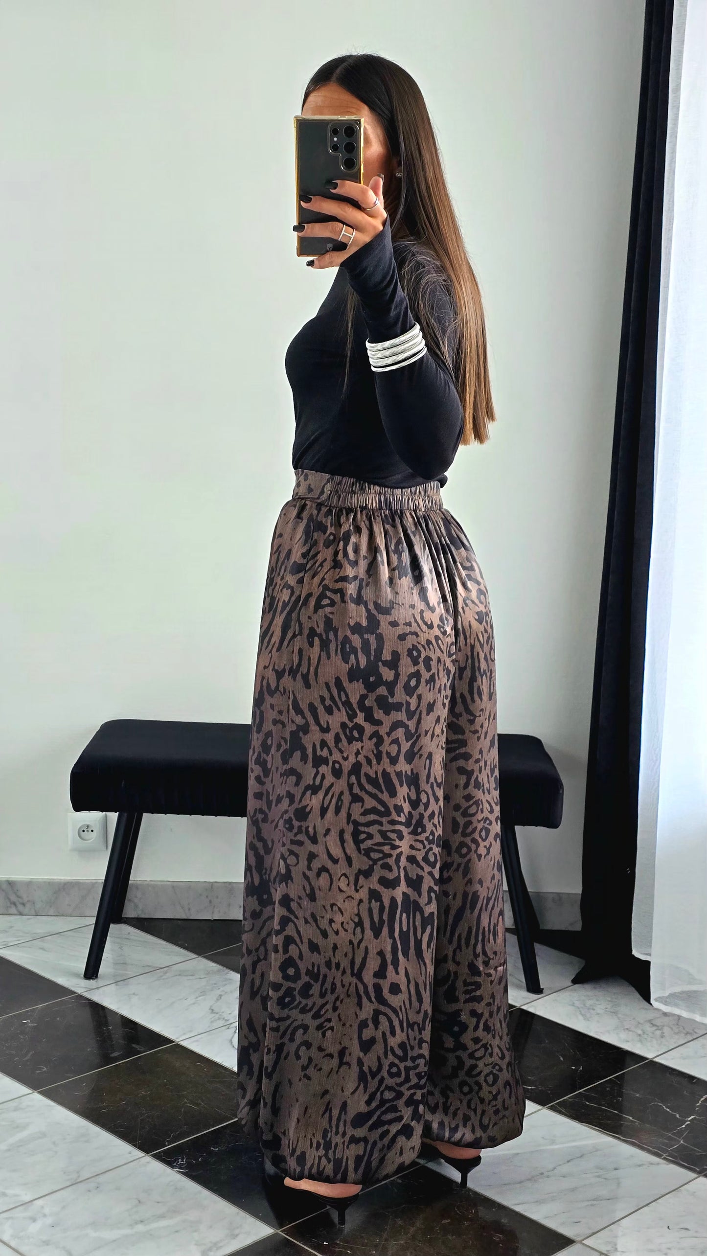 Pantalon Large Imprimé Kaki & Noir