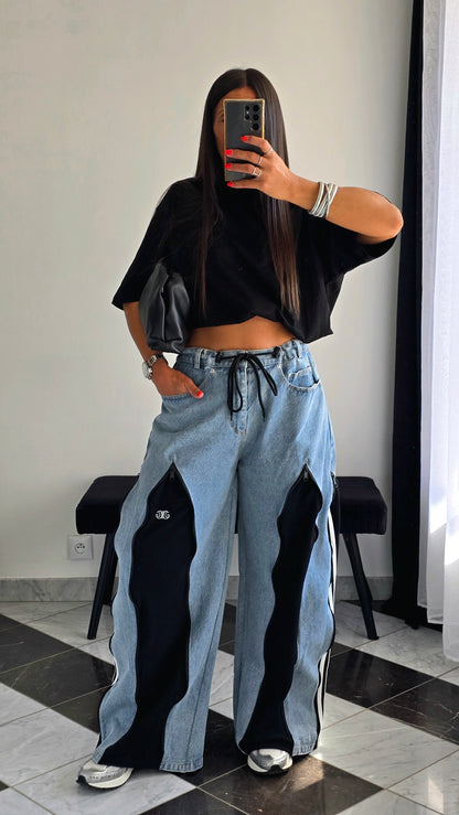Jean wide premium à détails zippés – Bleu & Noir