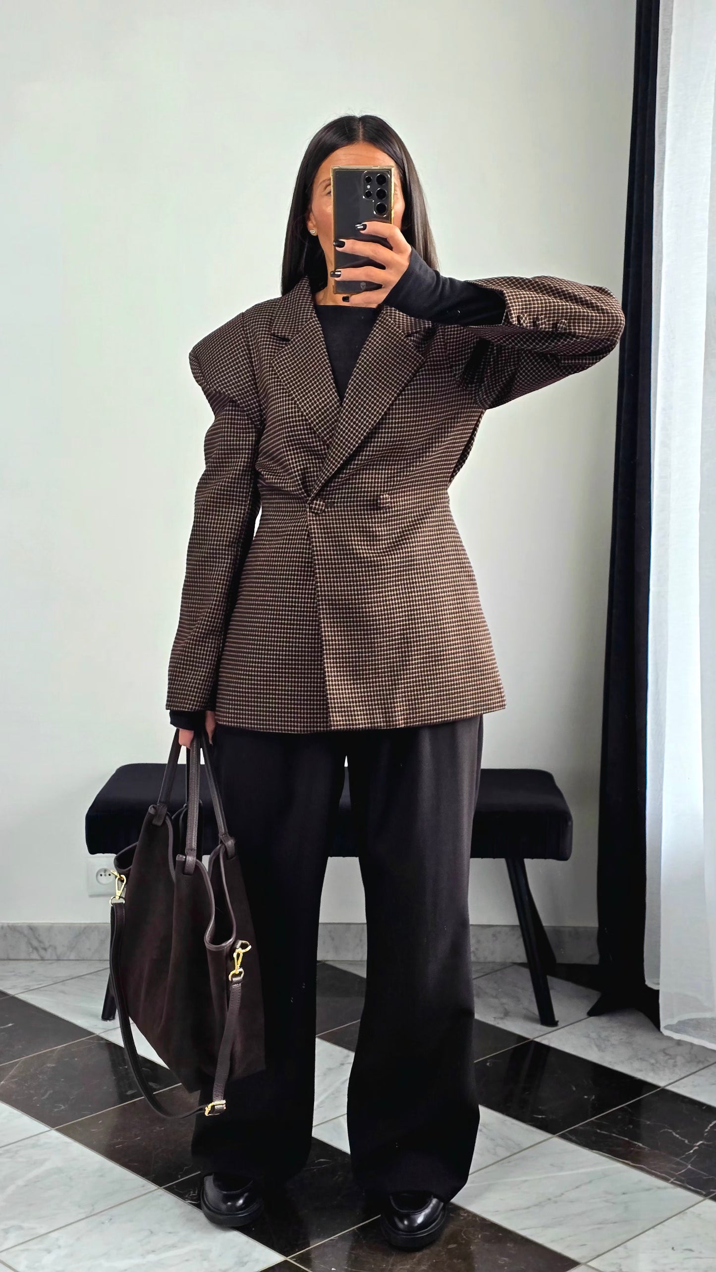 Blazer Structuré à Épaulettes – Imprimé Pied-de-Poule Chocolat