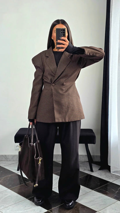 Blazer Structuré à Épaulettes – Imprimé Pied-de-Poule Chocolat