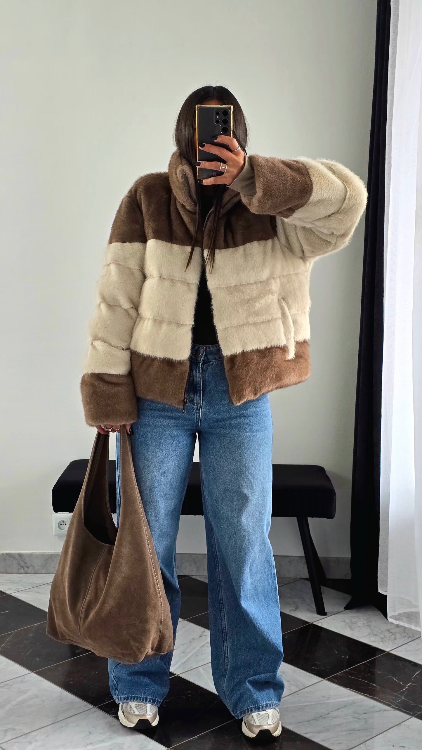 Manteau Effet Doudoune Bi-Color – Beige & Marron Clair