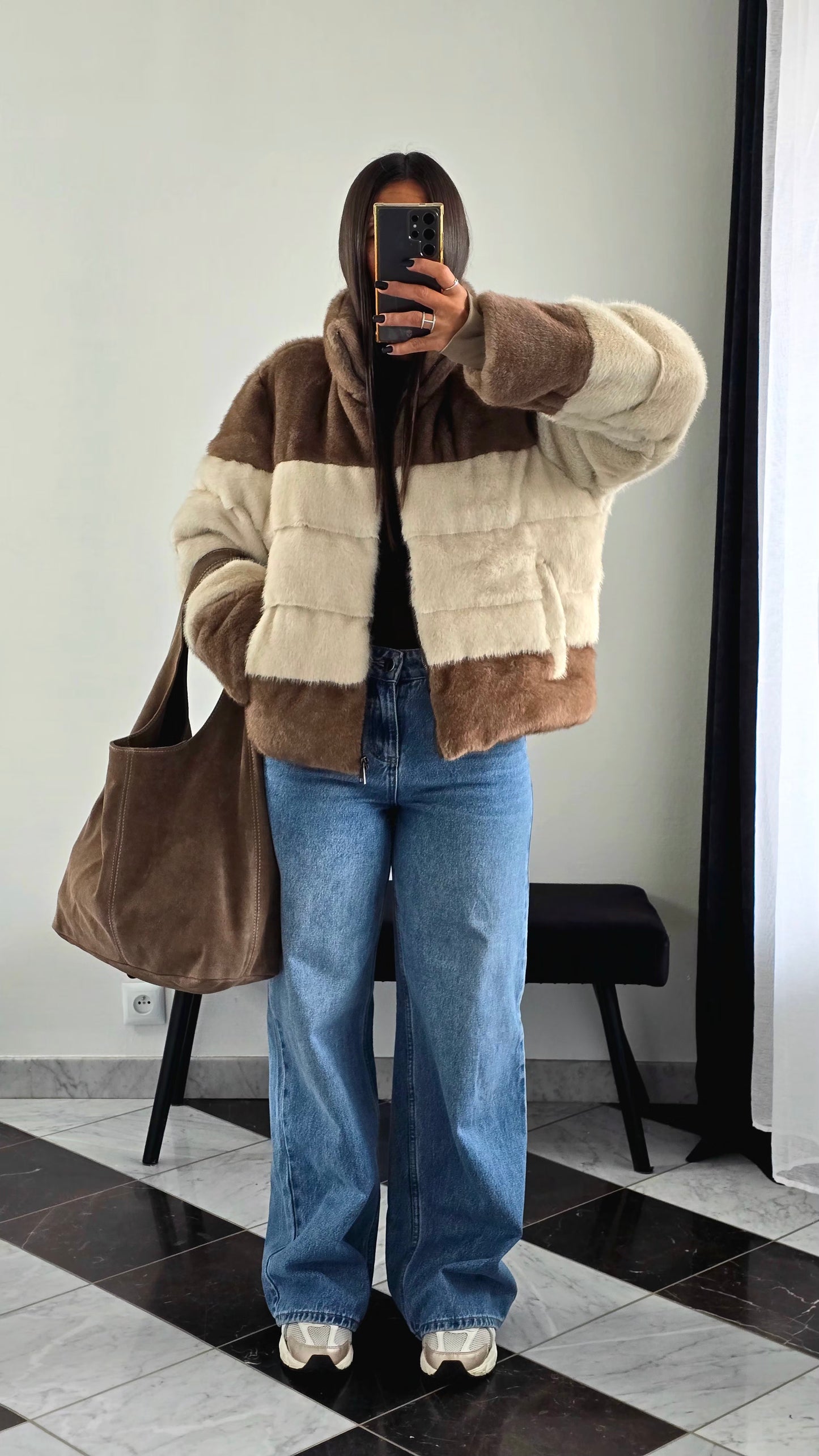 Manteau Effet Doudoune Bi-Color – Beige & Marron Clair