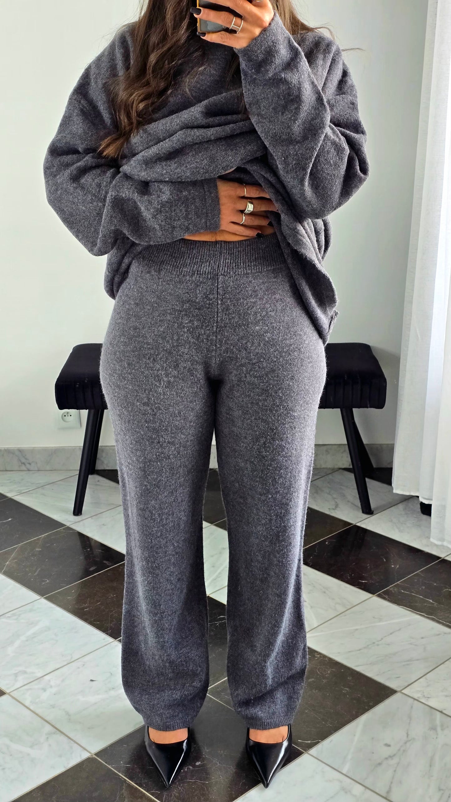 Ensemble Robe + Pantalon Maille Épais – Gris Anthracite