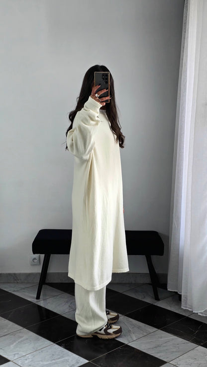 Ensemble Robe + Pantalon Maille Épaisse – Écru