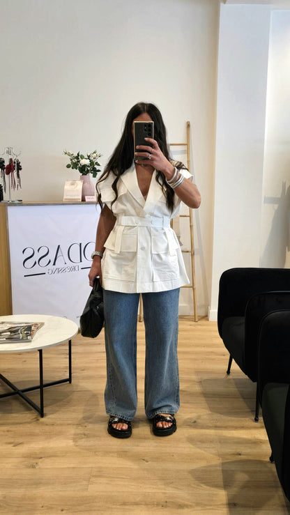 Veste Saharienne Sans Manches – Blanc Structuré