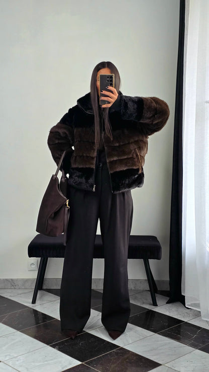 Manteau Effet Doudoune Bi-Color – Col Montant & Finition Luxe