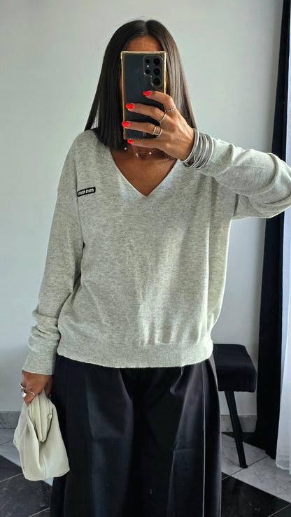 Pull fin col V – Gris chiné
