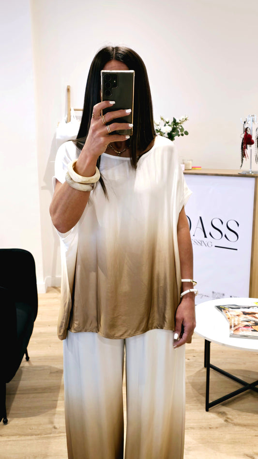 Top Fluide Dégradé Caramel – Viscose & Soie – Fabriqué en Italie