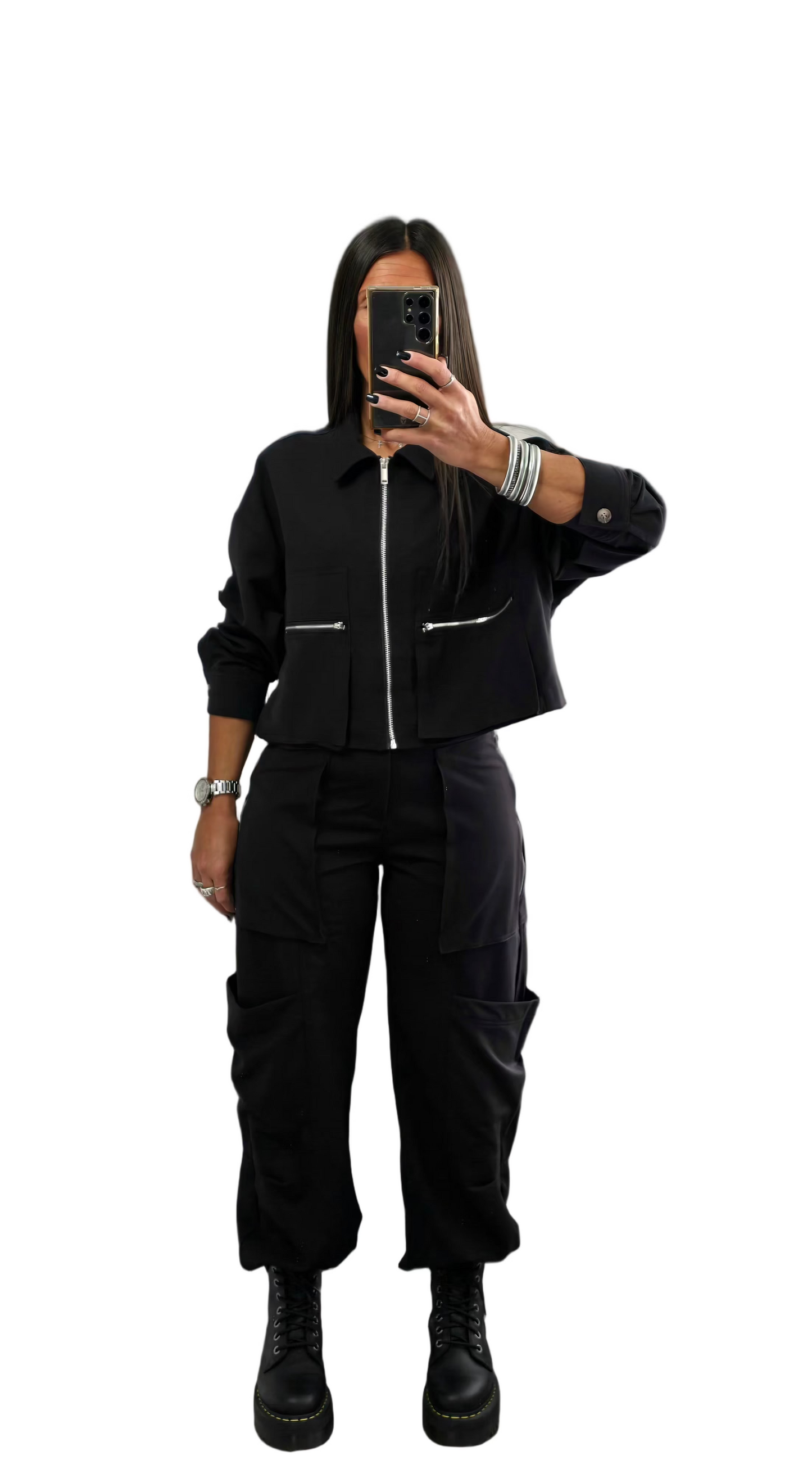 Veste Zippée Courte – Noir Coordonnée Cargo