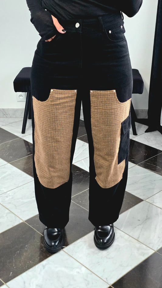 Jean Patchwork – Détails Pied-de-Poule & Coupe Large