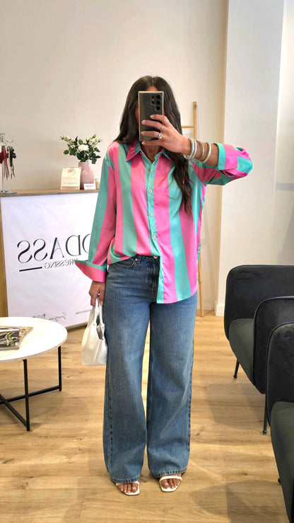 Chemisier À Rayures Rose & Vert Menthe – Coupe Droite Fluide