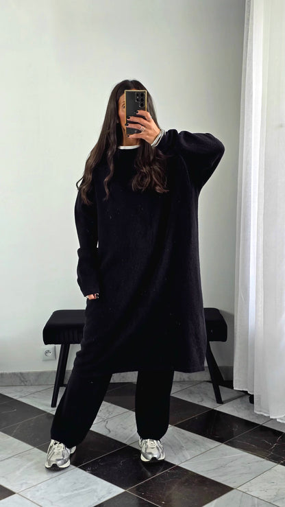 Ensemble Robe + Pantalon Maille Épais – Noir