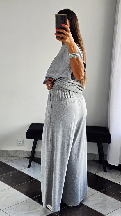 Pantalon large fluide en 100 % coton – Gris chiné
