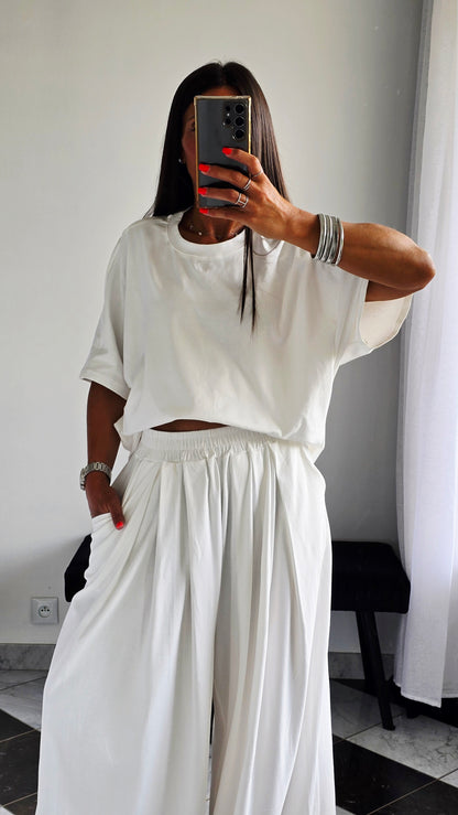 Pantalon large fluide en 100 % coton – Blanc cassé