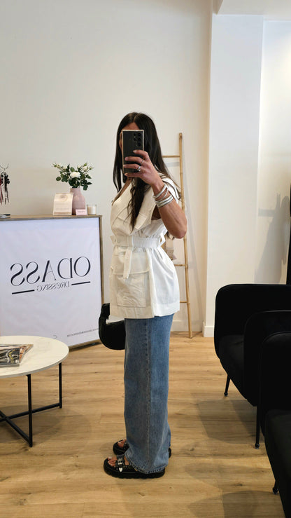 Veste Saharienne Sans Manches – Blanc Structuré