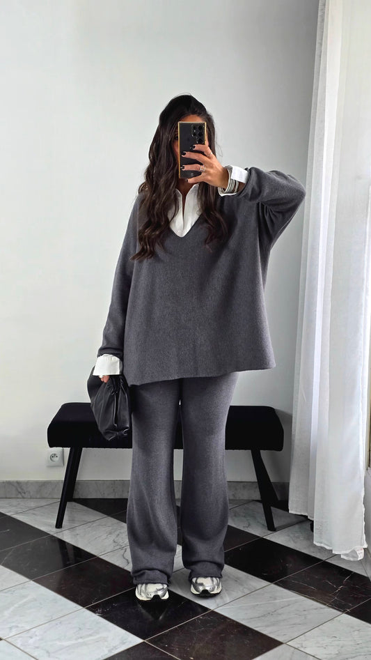 Ensemble Maille – Pull & Pantalon Gris Anthracite