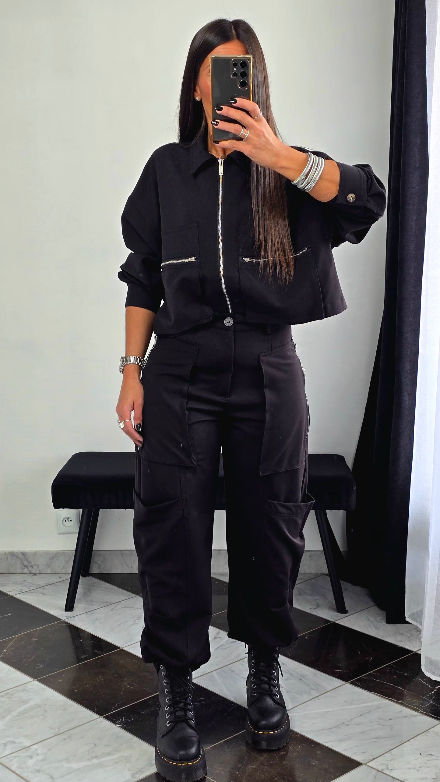 Veste Zippée Courte – Noir Coordonnée Cargo