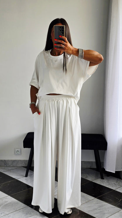 Pantalon large fluide en 100 % coton – Blanc cassé