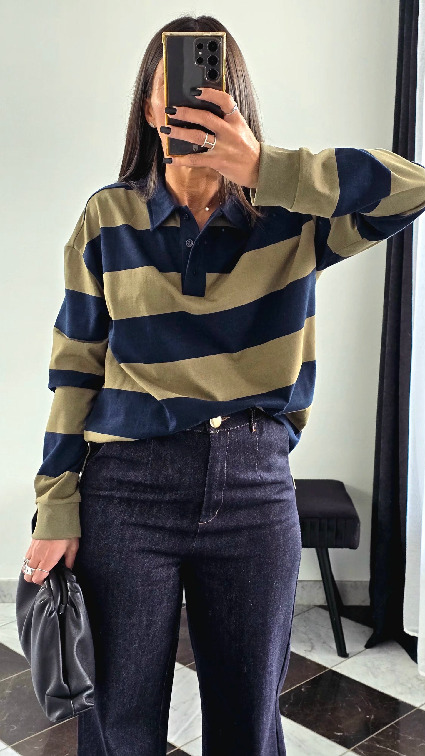 Polo Oversize Rayé – Kaki & Marine