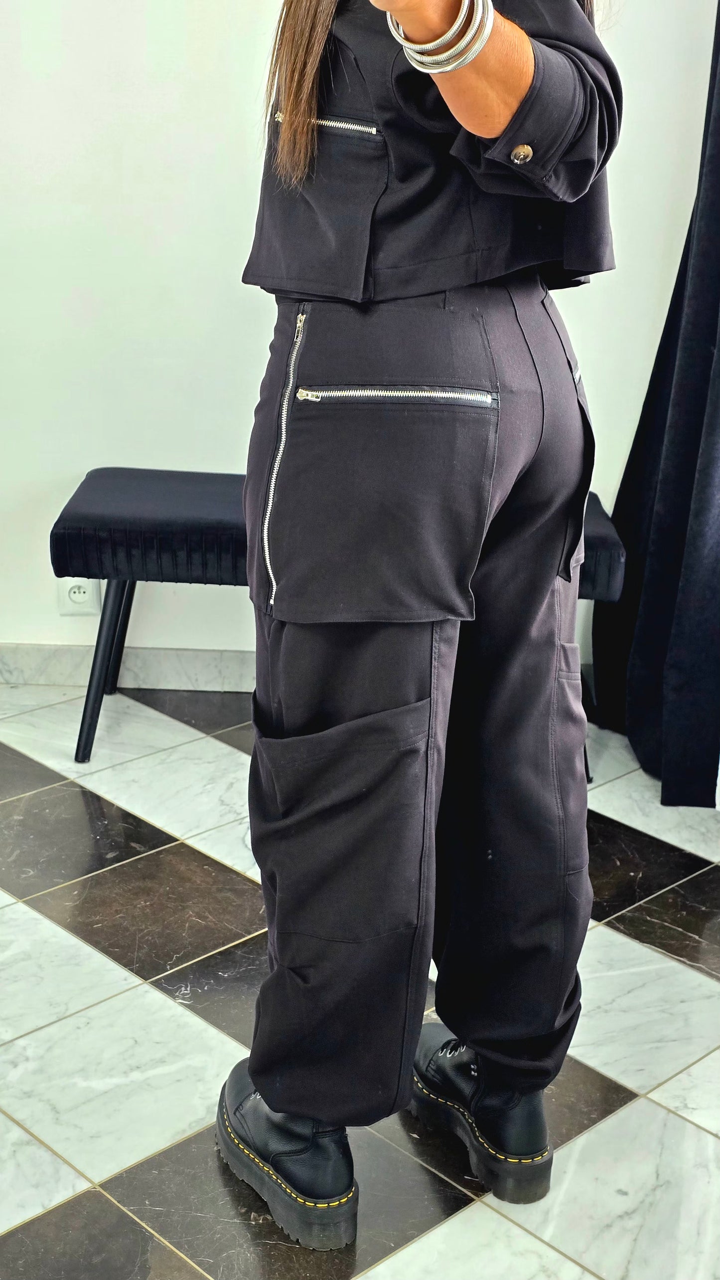 Pantalon Cargo Droit – Noir Zippé & Structuré
