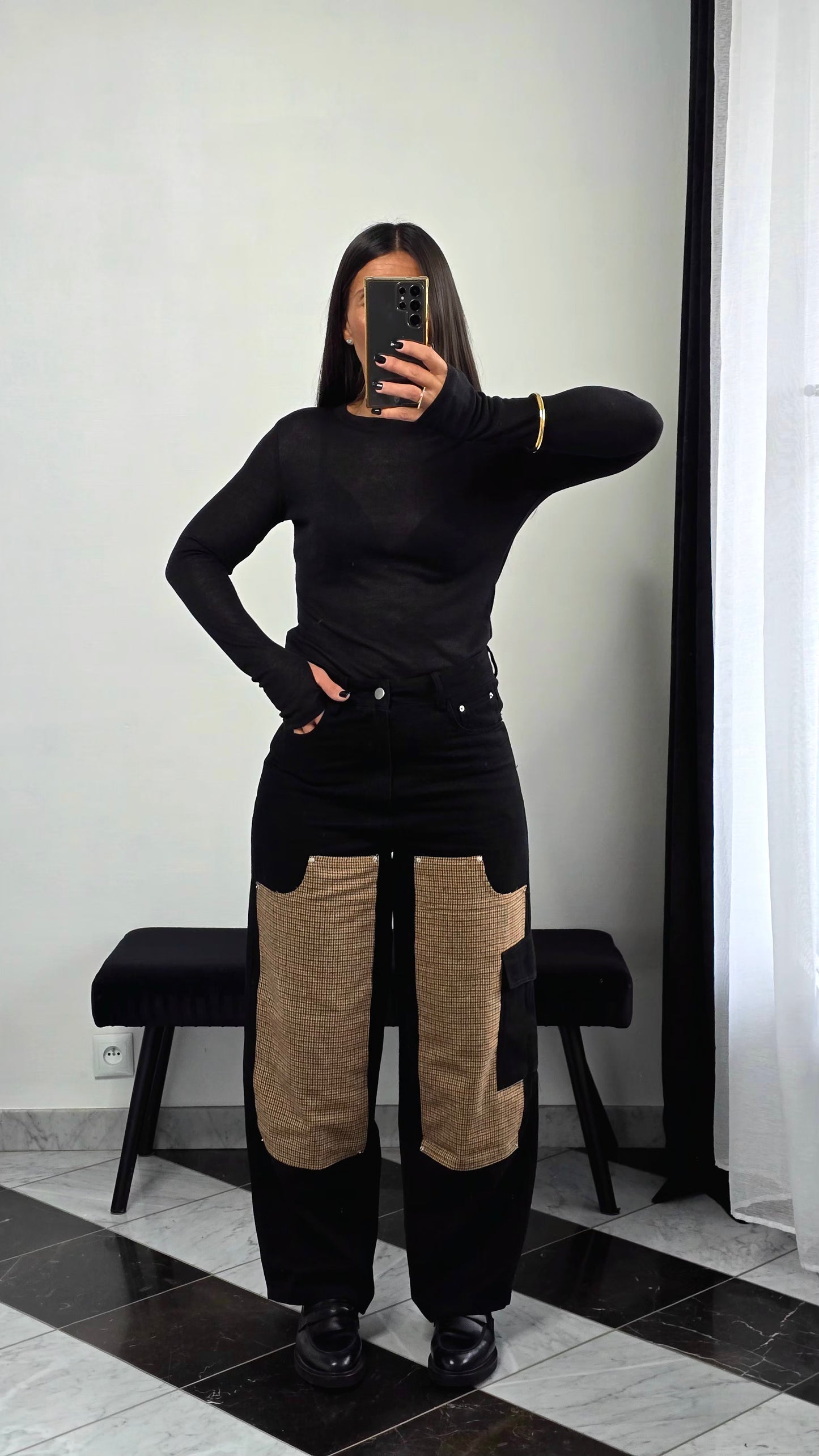 Jean Patchwork – Détails Pied-de-Poule & Coupe Large