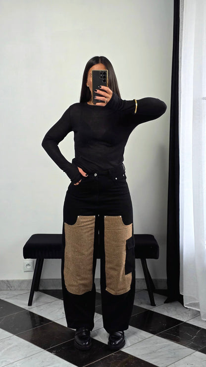 Jean Patchwork – Détails Pied-de-Poule & Coupe Large