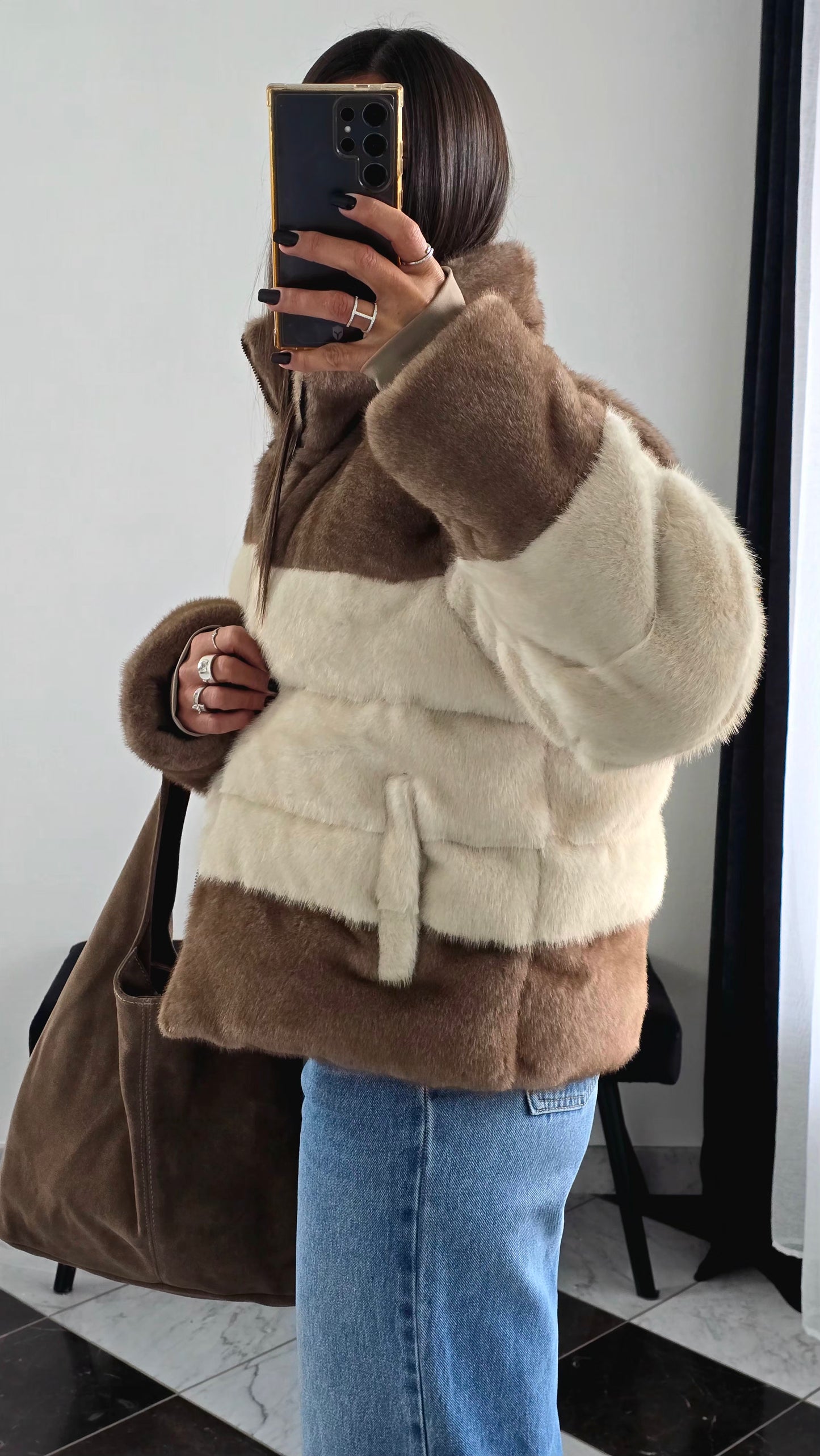 Manteau Effet Doudoune Bi-Color – Beige & Marron Clair