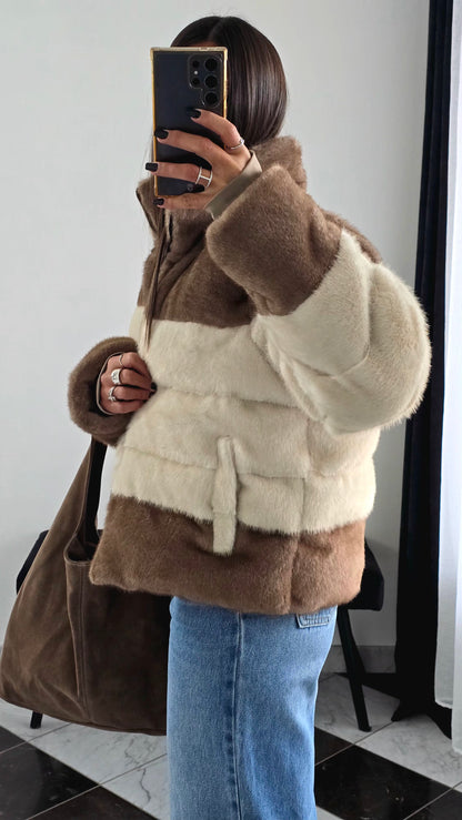 Manteau Effet Doudoune Bi-Color – Beige & Marron Clair