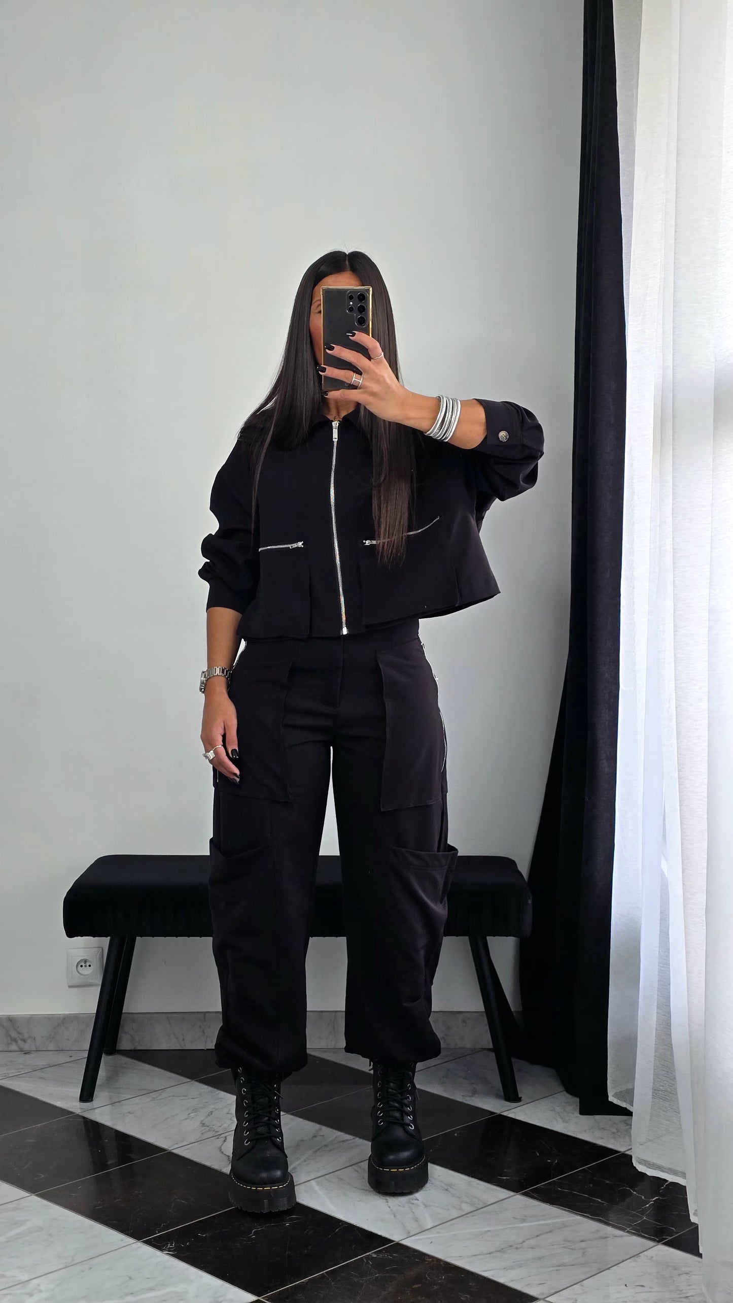 Veste Zippée Courte – Noir Coordonnée Cargo