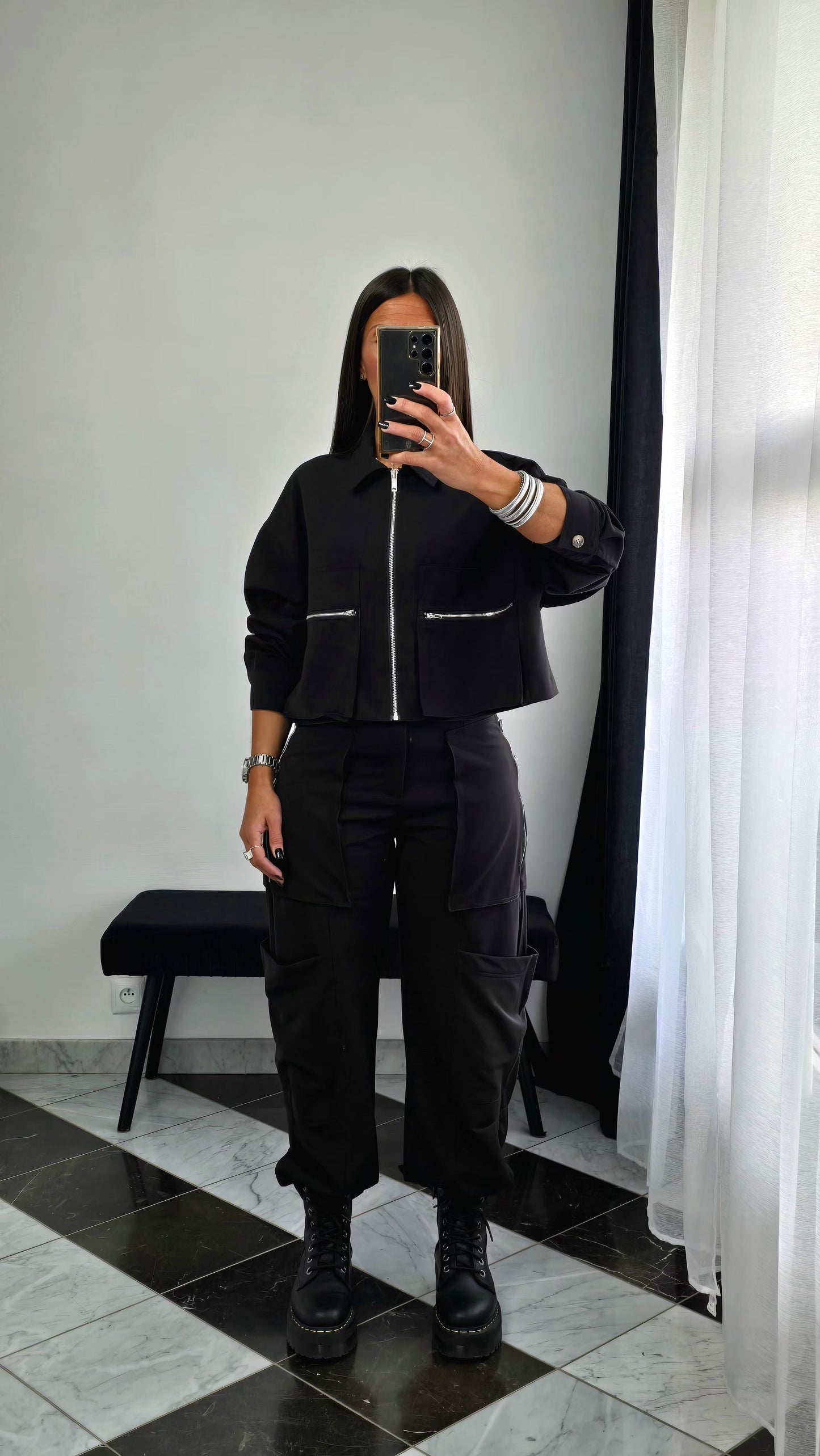 Veste Zippée Courte – Noir Coordonnée Cargo