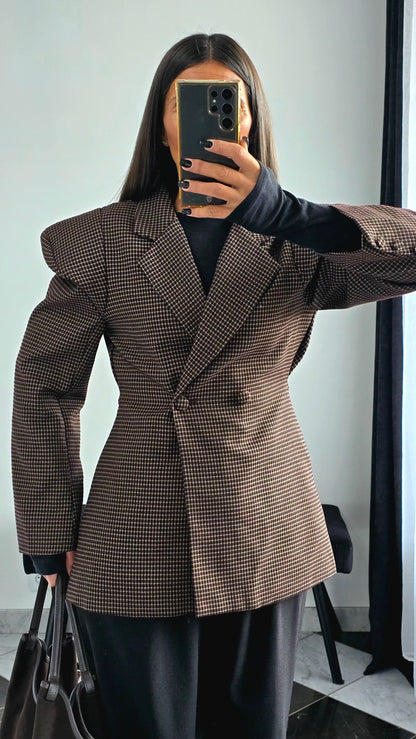 Blazer Structuré à Épaulettes – Imprimé Pied-de-Poule Chocolat